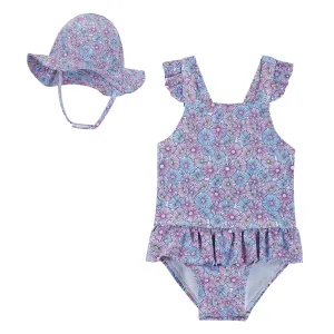 Andy & Evan Infant UPF 50  Baby Purple Daisy Print One-piece Swimsuit & Hat Set