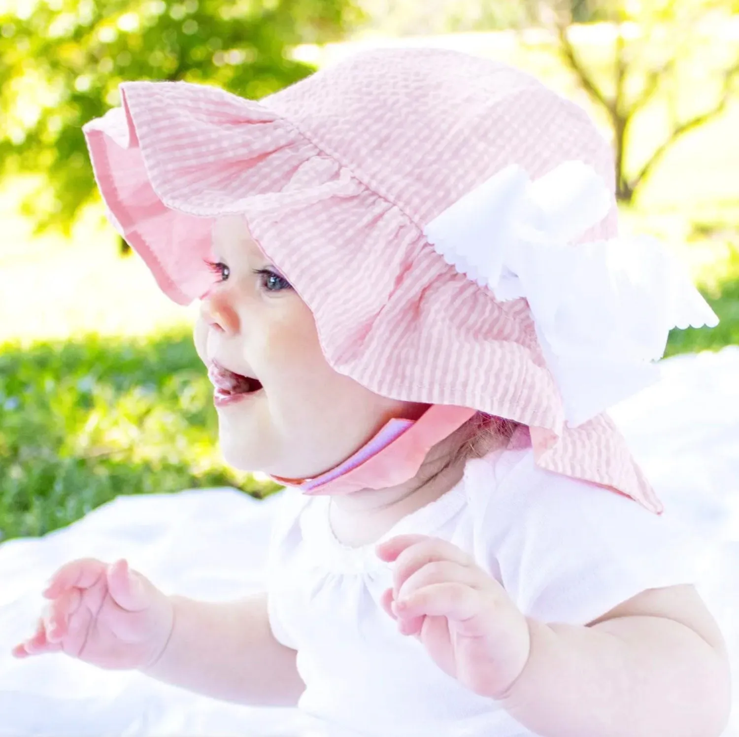 Baby Girl Toddler Seersucker Sun Hat - 2 Colors - Add A Bow