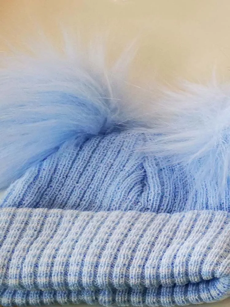 Blue & White Double Pom Pom Baby Hat - 0-3 Months