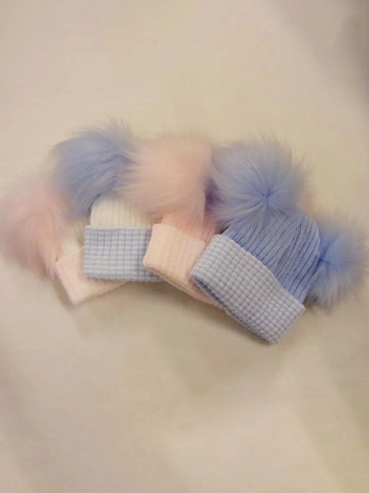 Blue & White Double Pom Pom Baby Hat - 0-3 Months