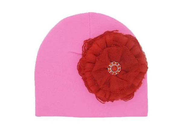 Candy Pink Cotton Hat with Raspberry Lace Rose