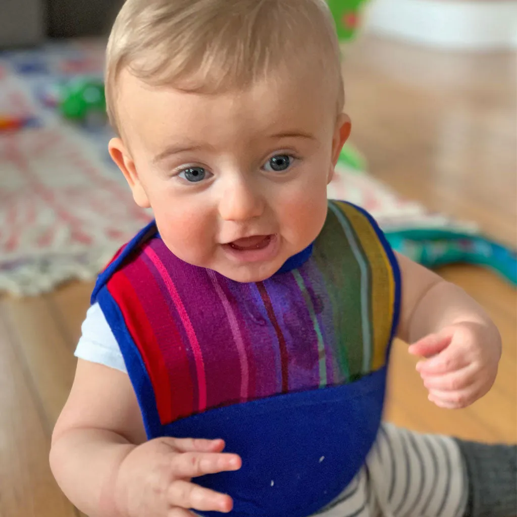 Hand Woven Baby Bib | Blue Rainbow Stripe
