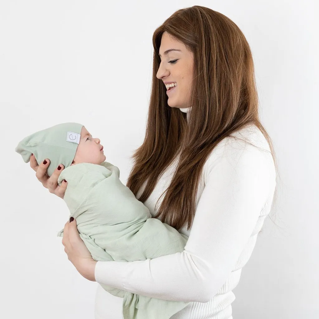 Jersey Cotton Spandex Swaddle Blanket and Hat - Sage