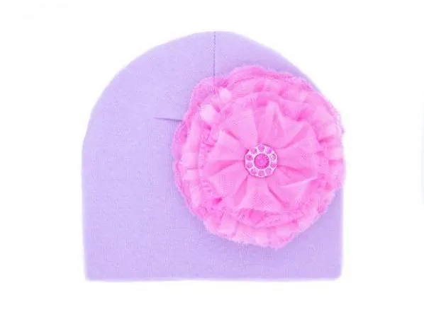 Lavender Cotton Hat with Candy Pink Lace Rose