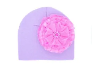 Lavender Cotton Hat with Candy Pink Lace Rose