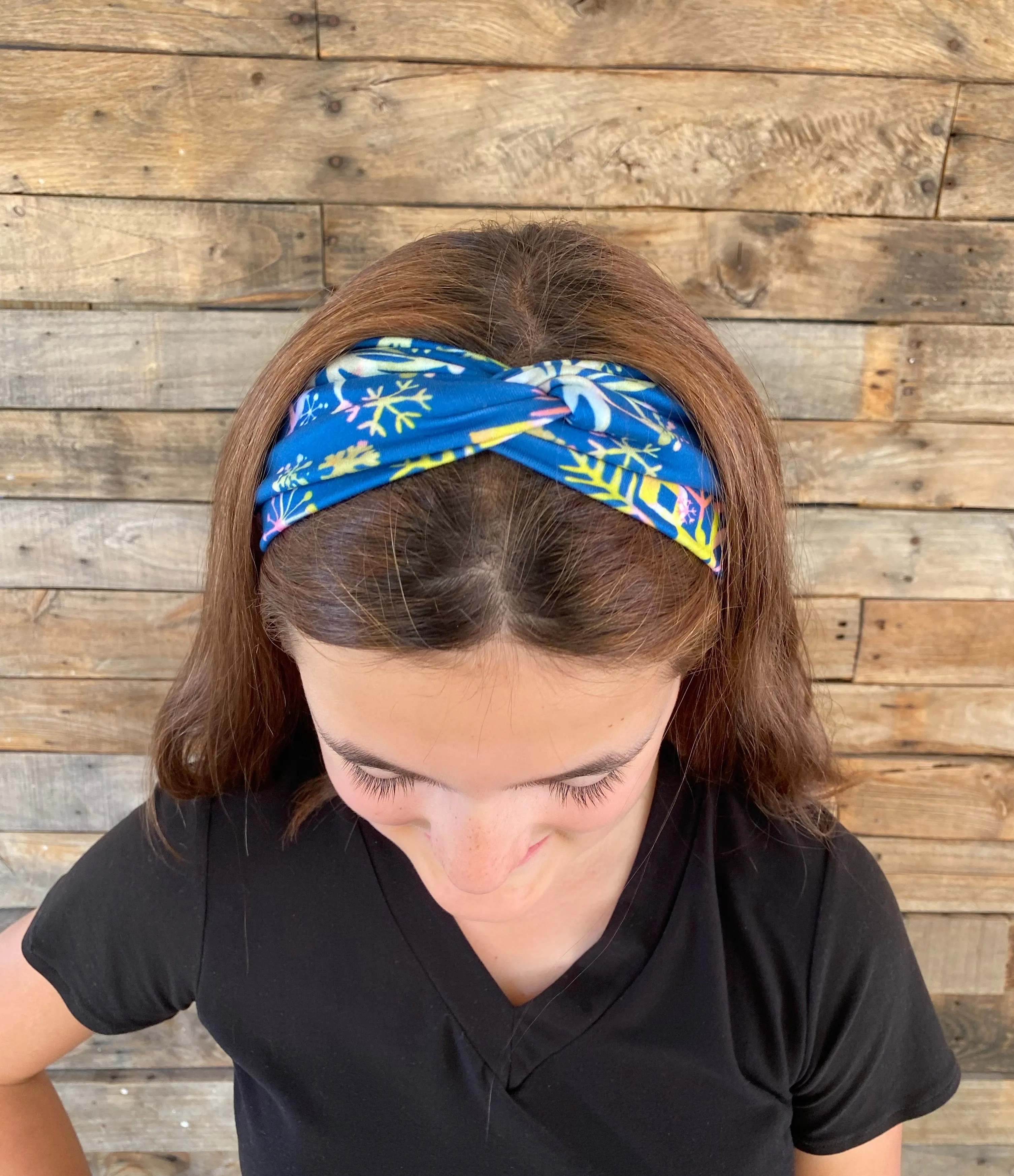 Multicolored Snowflakes on Steel Blue Matte Faux Knot Headband