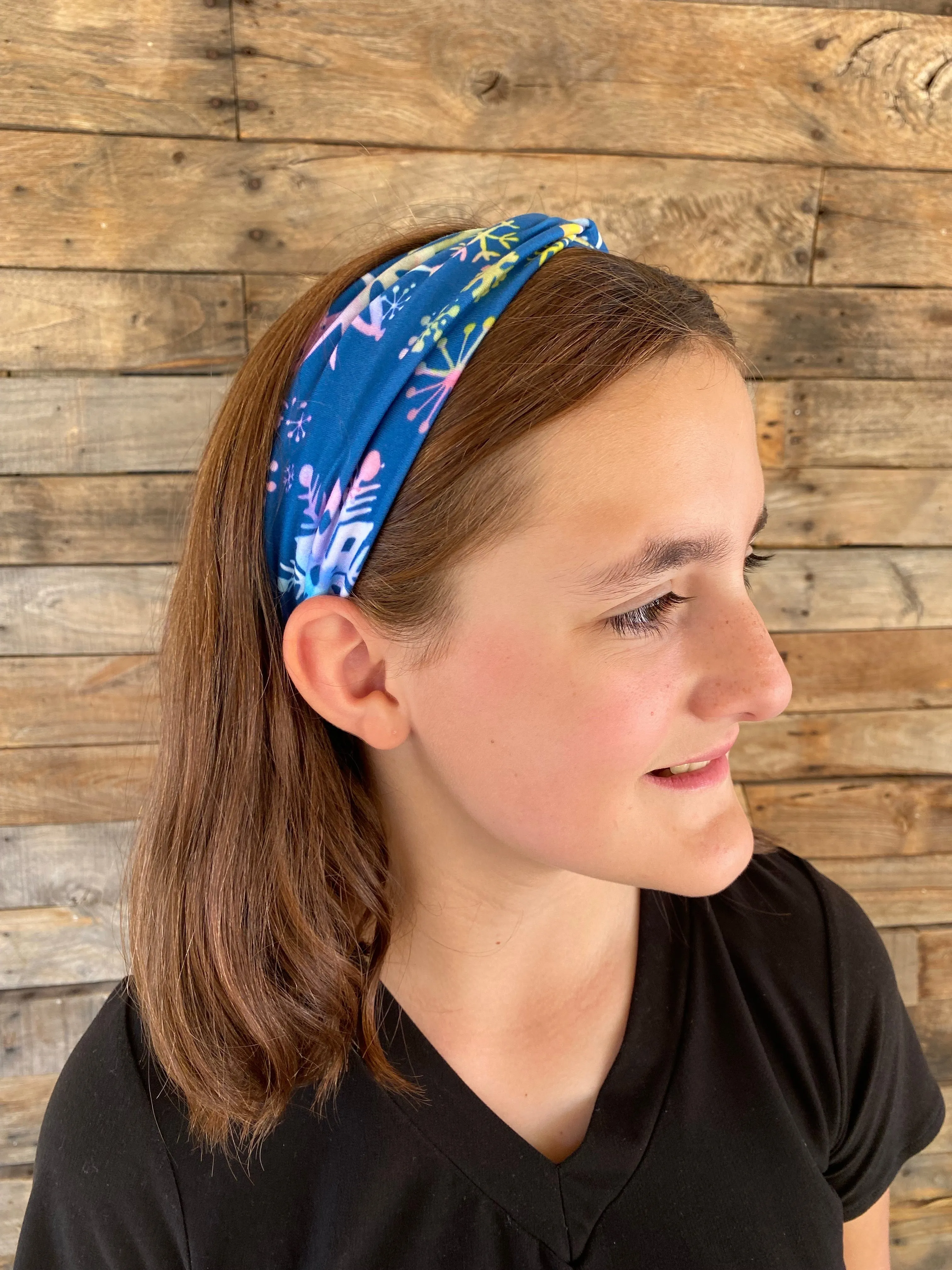 Multicolored Snowflakes on Steel Blue Matte Faux Knot Headband