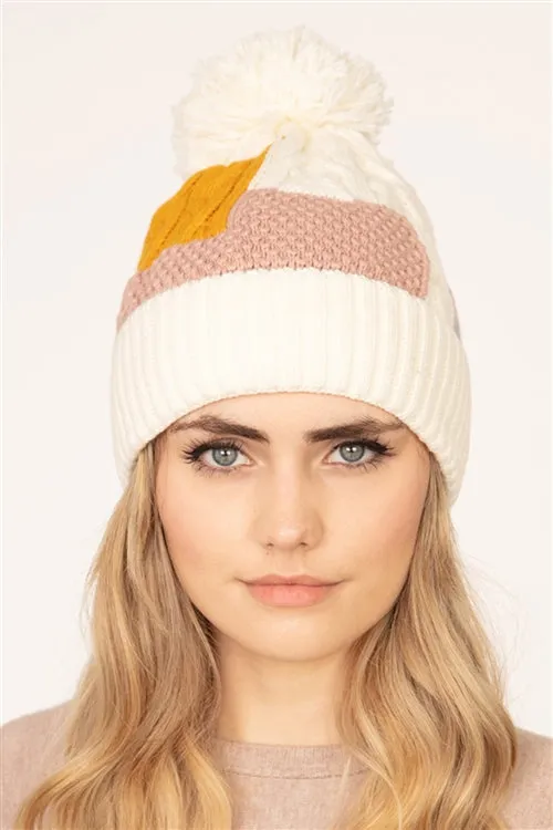 PATCH FLEECE POMPOM BEANIE ACRYLIC