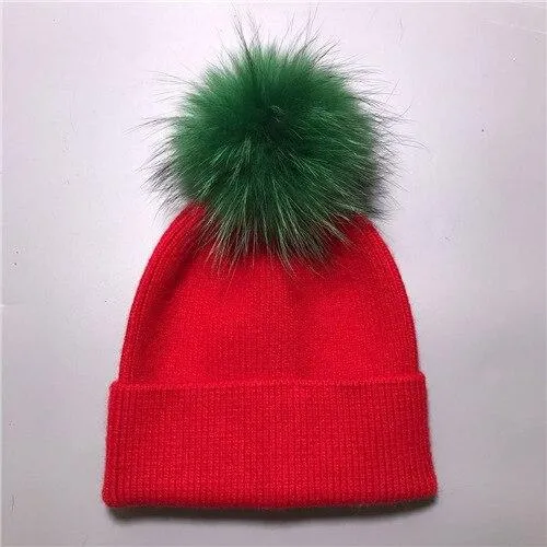 Striped Women's Wool Hat with Natural Angora Rabbit Fur Pom-Pom