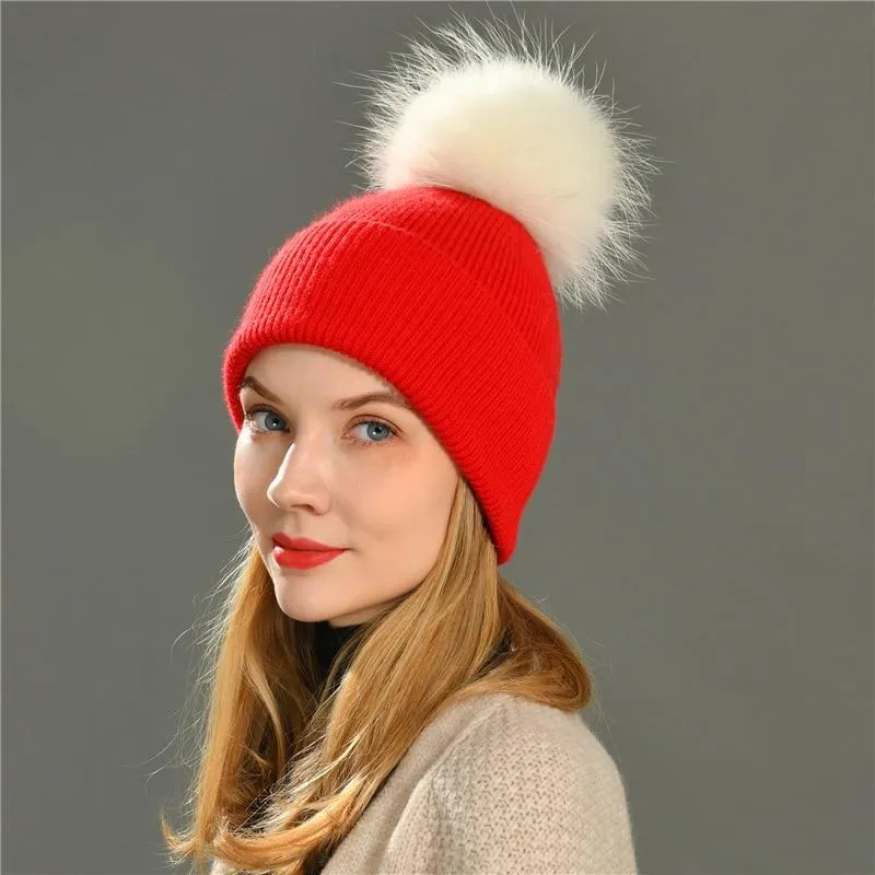 Striped Women's Wool Hat with Natural Angora Rabbit Fur Pom-Pom