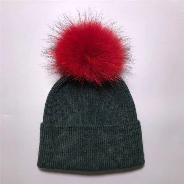 Striped Women's Wool Hat with Natural Angora Rabbit Fur Pom-Pom