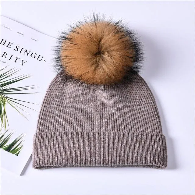 Striped Women's Wool Hat with Natural Angora Rabbit Fur Pom-Pom