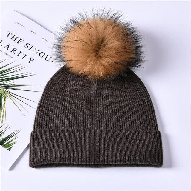 Striped Women's Wool Hat with Natural Angora Rabbit Fur Pom-Pom