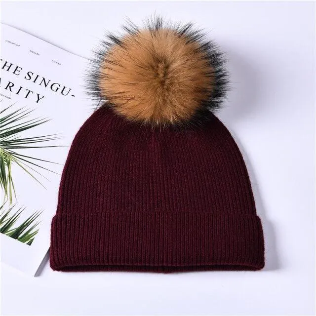 Striped Women's Wool Hat with Natural Angora Rabbit Fur Pom-Pom