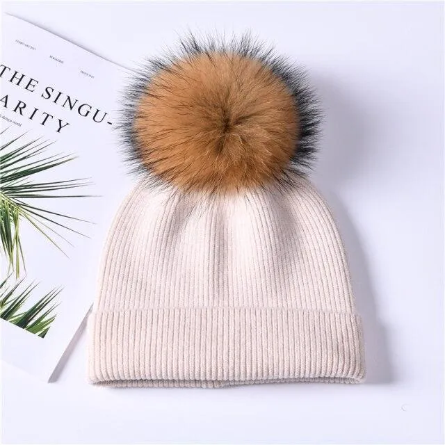 Striped Women's Wool Hat with Natural Angora Rabbit Fur Pom-Pom