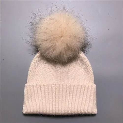 Striped Women's Wool Hat with Natural Angora Rabbit Fur Pom-Pom