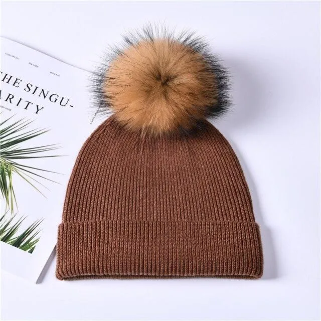 Striped Women's Wool Hat with Natural Angora Rabbit Fur Pom-Pom