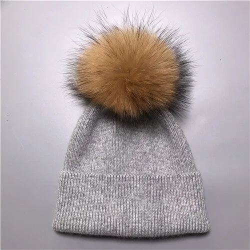 Striped Women's Wool Hat with Natural Angora Rabbit Fur Pom-Pom