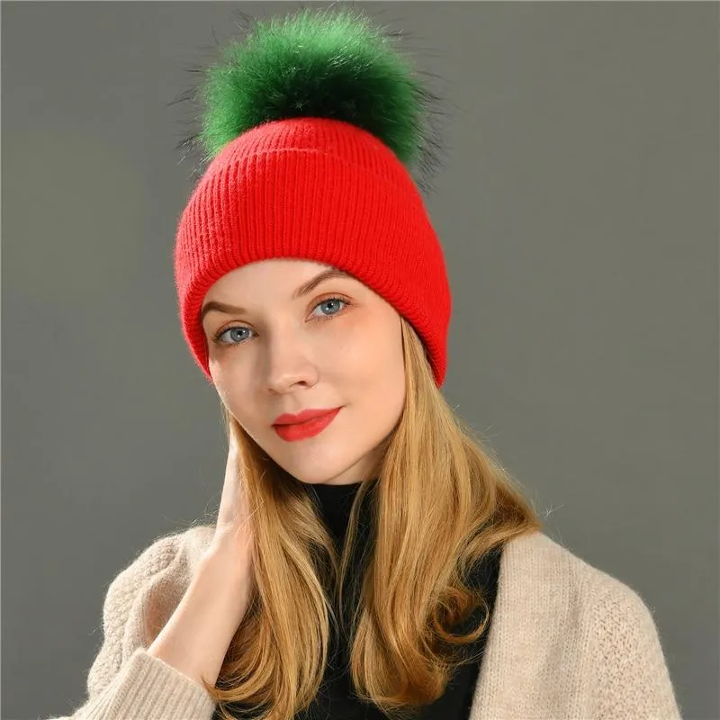 Striped Women's Wool Hat with Natural Angora Rabbit Fur Pom-Pom
