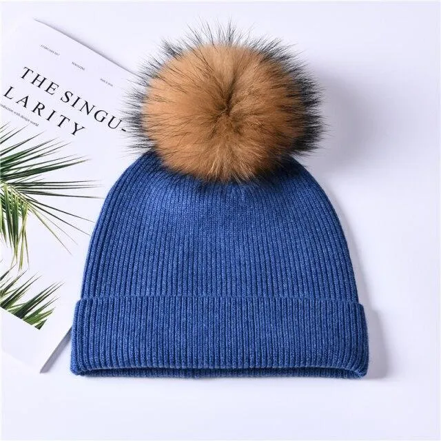 Striped Women's Wool Hat with Natural Angora Rabbit Fur Pom-Pom