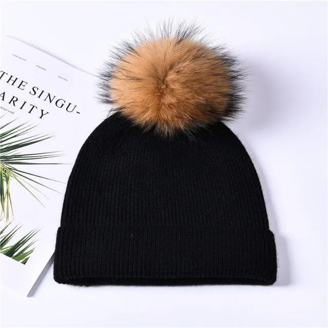 Striped Women's Wool Hat with Natural Angora Rabbit Fur Pom-Pom