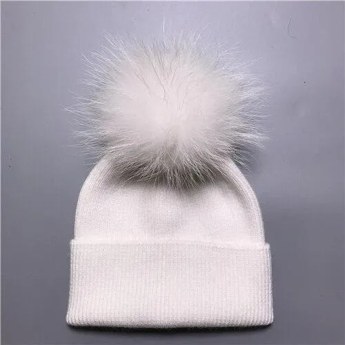 Striped Women's Wool Hat with Natural Angora Rabbit Fur Pom-Pom