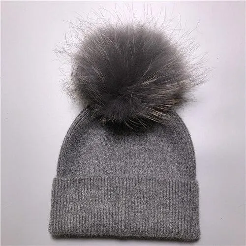 Striped Women's Wool Hat with Natural Angora Rabbit Fur Pom-Pom