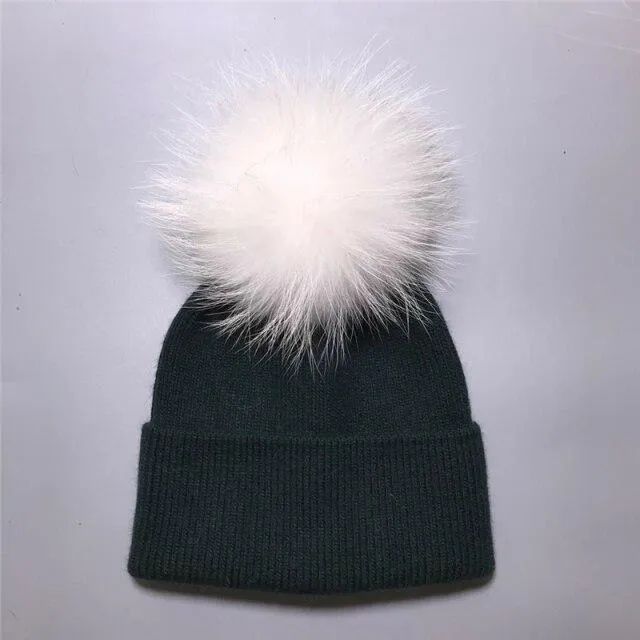 Striped Women's Wool Hat with Natural Angora Rabbit Fur Pom-Pom