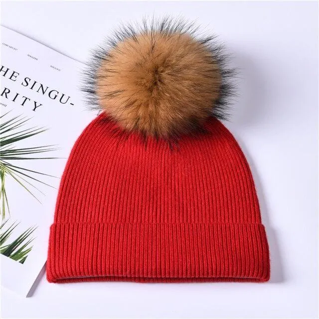 Striped Women's Wool Hat with Natural Angora Rabbit Fur Pom-Pom