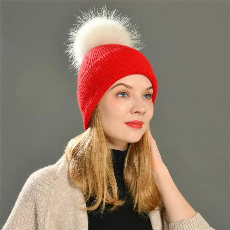 Striped Women's Wool Hat with Natural Angora Rabbit Fur Pom-Pom