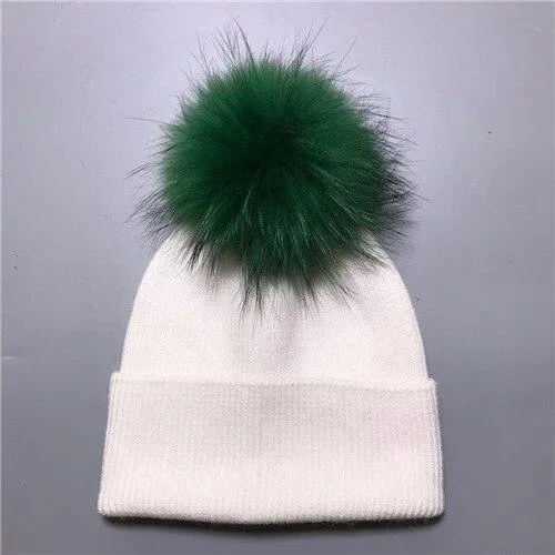 Striped Women's Wool Hat with Natural Angora Rabbit Fur Pom-Pom