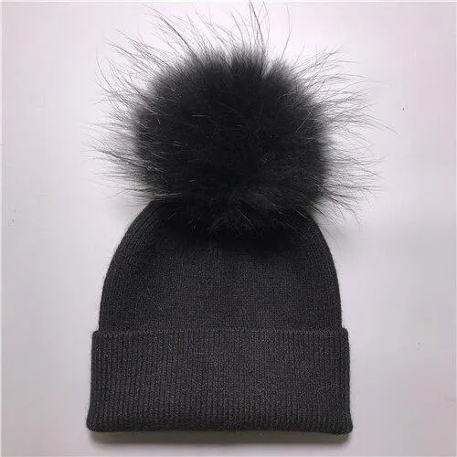 Striped Women's Wool Hat with Natural Angora Rabbit Fur Pom-Pom