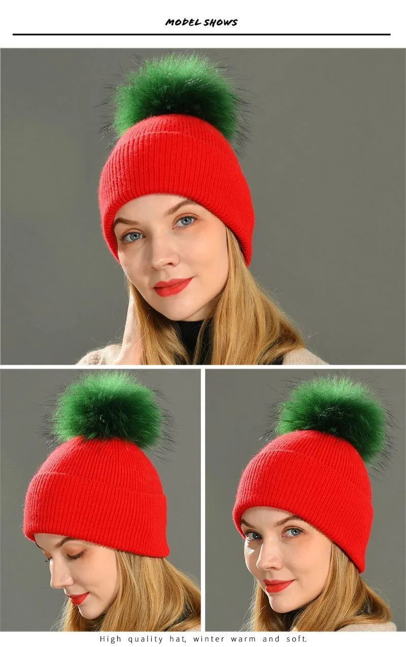 Striped Women's Wool Hat with Natural Angora Rabbit Fur Pom-Pom