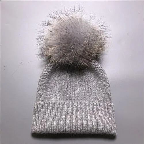 Striped Women's Wool Hat with Natural Angora Rabbit Fur Pom-Pom