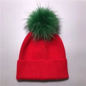 Striped Women's Wool Hat with Natural Angora Rabbit Fur Pom-Pom