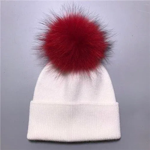 Striped Women's Wool Hat with Natural Angora Rabbit Fur Pom-Pom
