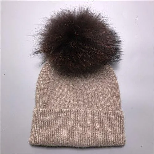 Striped Women's Wool Hat with Natural Angora Rabbit Fur Pom-Pom