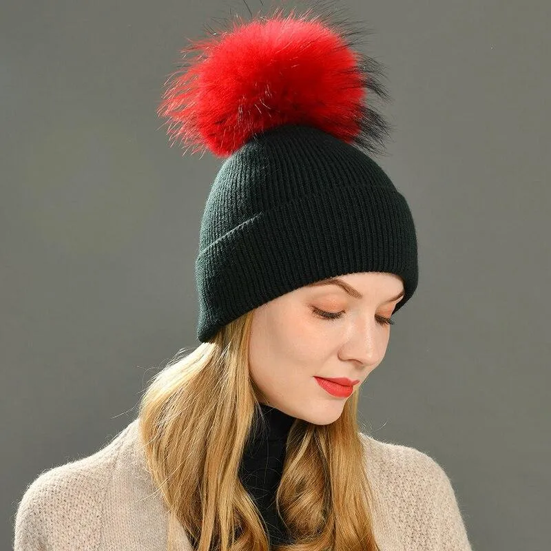 Striped Women's Wool Hat with Natural Angora Rabbit Fur Pom-Pom