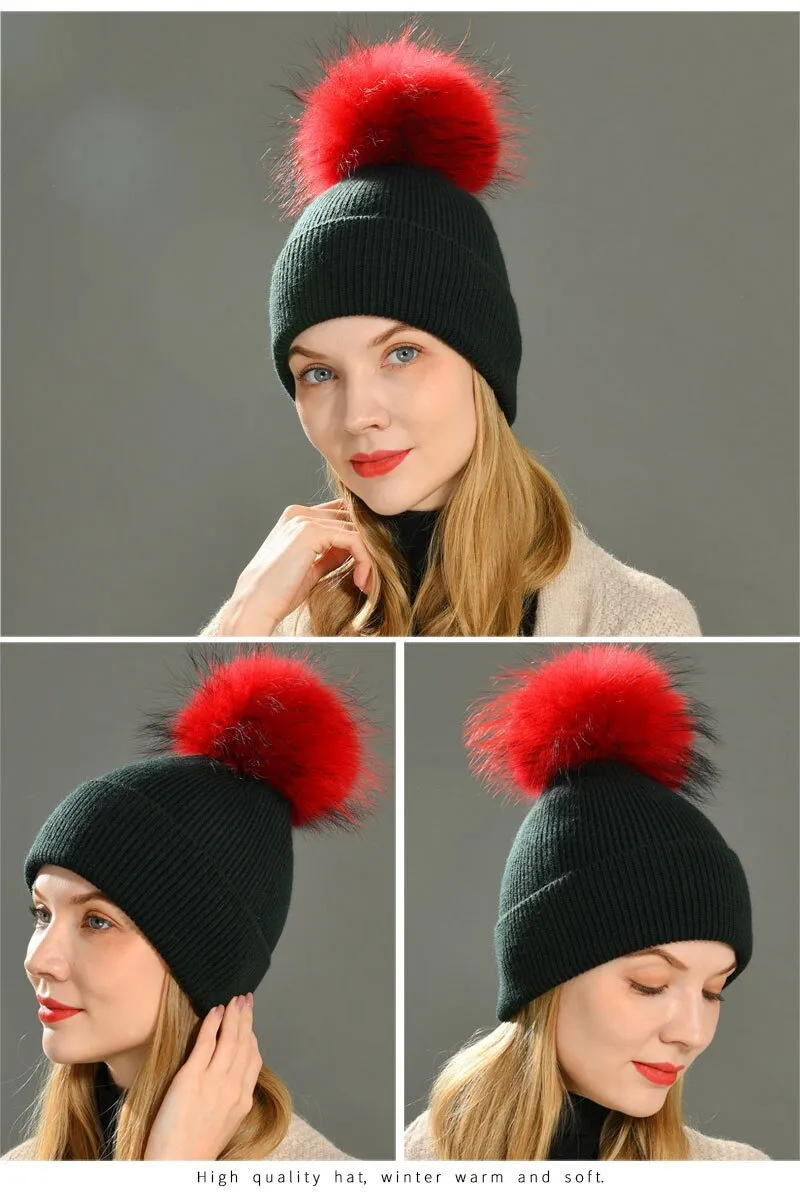 Striped Women's Wool Hat with Natural Angora Rabbit Fur Pom-Pom