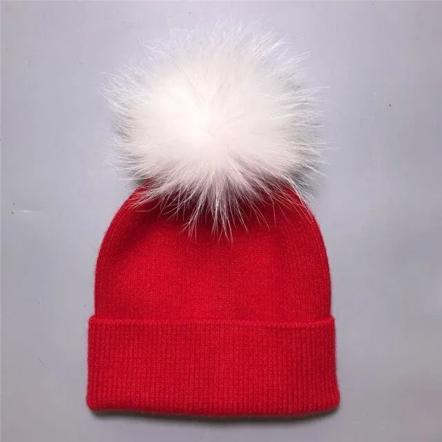Striped Women's Wool Hat with Natural Angora Rabbit Fur Pom-Pom