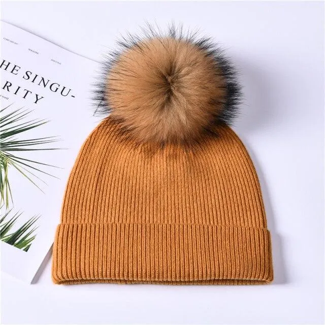 Striped Women's Wool Hat with Natural Angora Rabbit Fur Pom-Pom