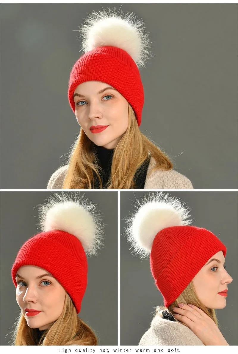 Striped Women's Wool Hat with Natural Angora Rabbit Fur Pom-Pom