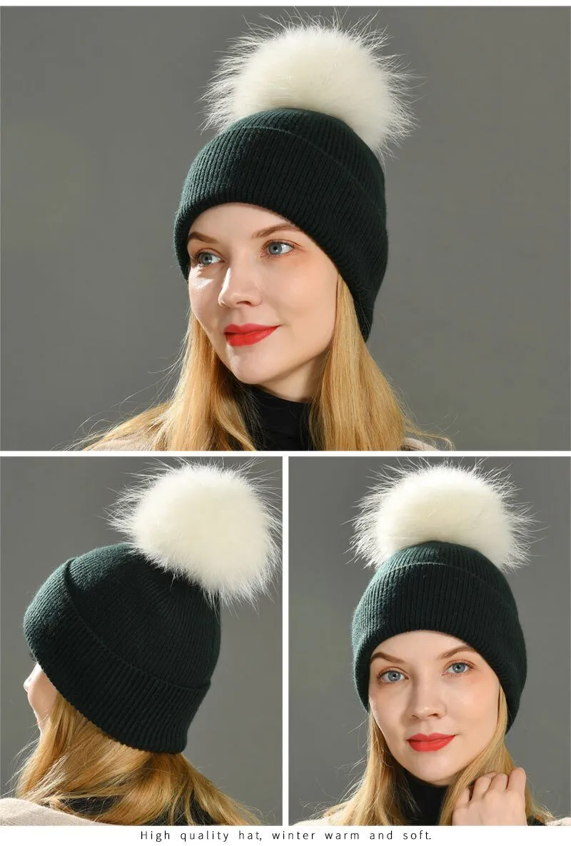 Striped Women's Wool Hat with Natural Angora Rabbit Fur Pom-Pom