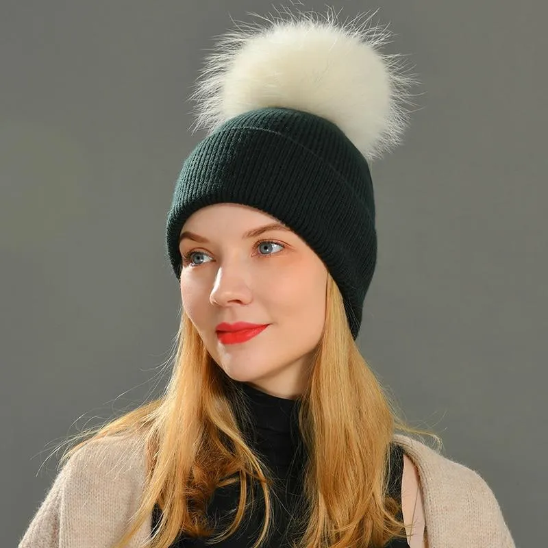 Striped Women's Wool Hat with Natural Angora Rabbit Fur Pom-Pom