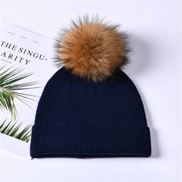 Striped Women's Wool Hat with Natural Angora Rabbit Fur Pom-Pom