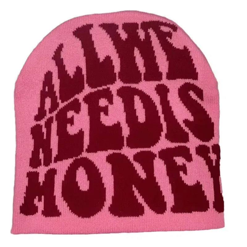 Unisex Letter Jacquard Y2K Beanie ALL WE NEED IS MONEY Hip Hop Knit Hat