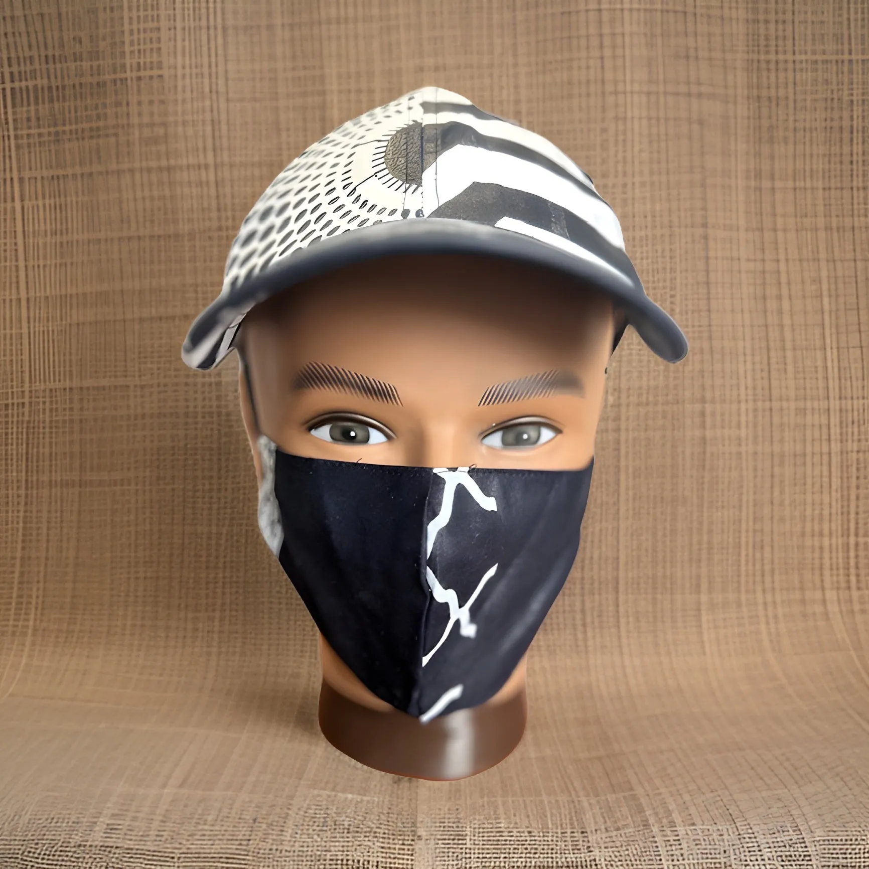 White/Black African Print Baseball Cap with Matching Mask